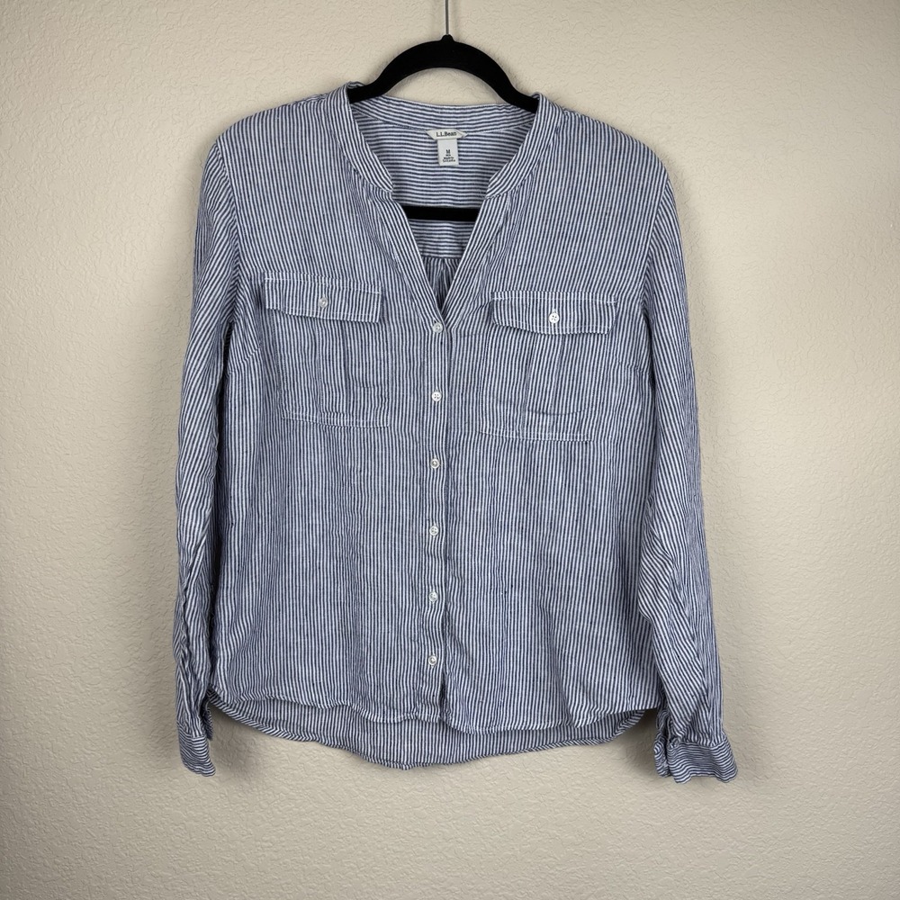 LL Bean Women Sz M Premium Linen Blue Stripe‎ Coastal Button Up Long Sleeve Top